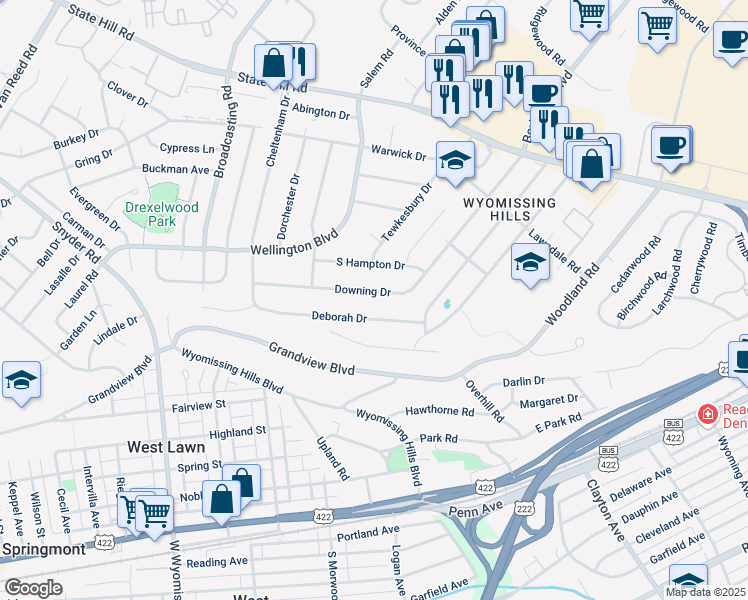map of restaurants, bars, coffee shops, grocery stores, and more near 60 Downing Drive in Reading