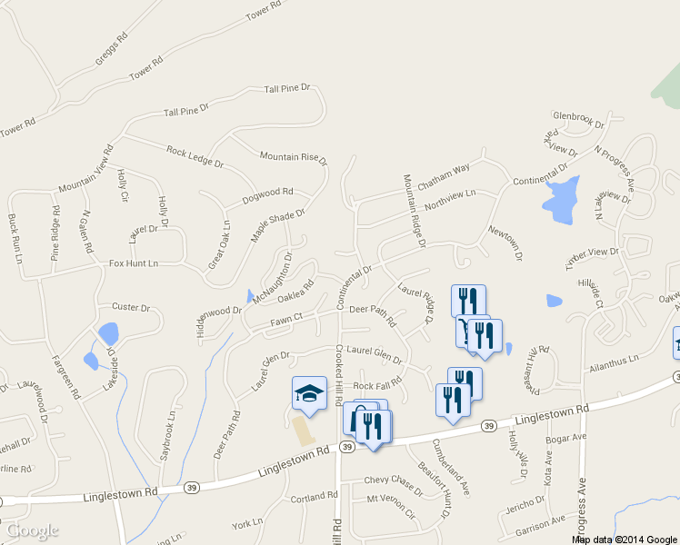 map of restaurants, bars, coffee shops, grocery stores, and more near 2094 Northwoods Park Drive in Harrisburg
