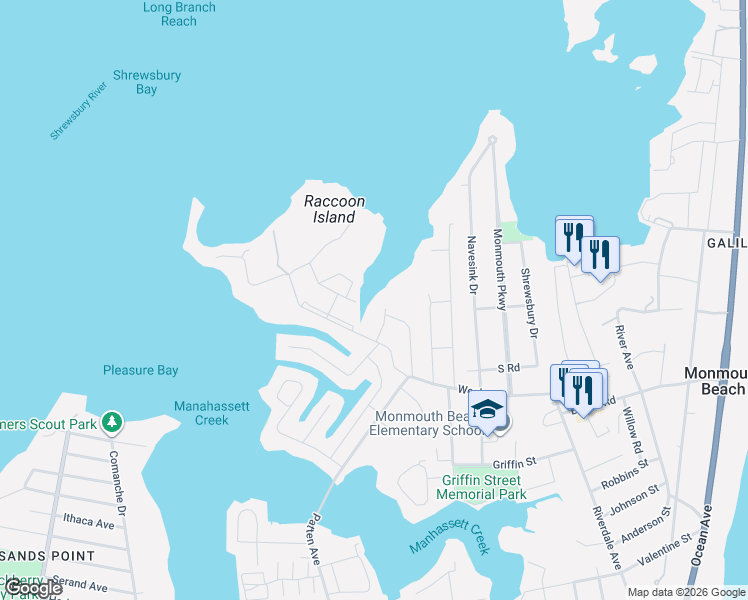 map of restaurants, bars, coffee shops, grocery stores, and more near Unnamed Road in Monmouth Beach