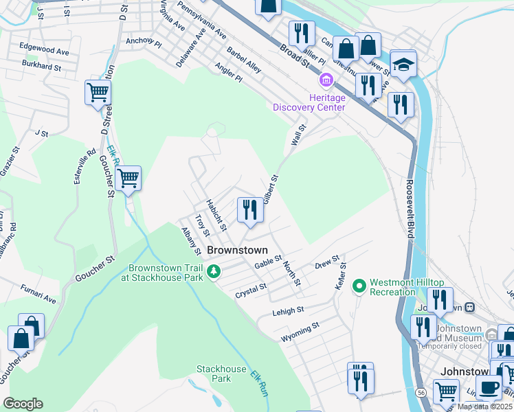 map of restaurants, bars, coffee shops, grocery stores, and more near 122 Gilbert Street in Johnstown
