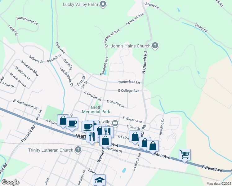 map of restaurants, bars, coffee shops, grocery stores, and more near 65 East College Avenue in Wernersville