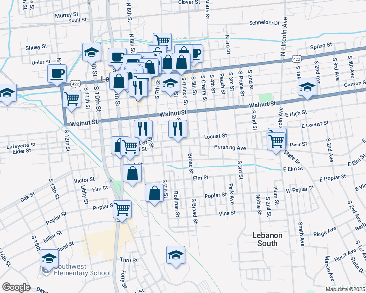 map of restaurants, bars, coffee shops, grocery stores, and more near 320 South 6th Street in Lebanon