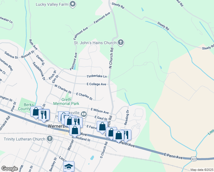 map of restaurants, bars, coffee shops, grocery stores, and more near 478 North Church Road in Wernersville