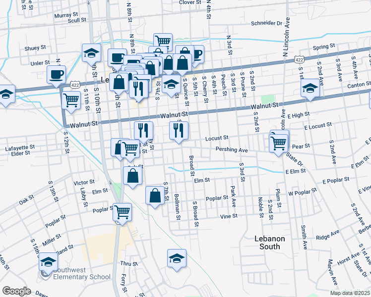 map of restaurants, bars, coffee shops, grocery stores, and more near 320 South 6th Street in Lebanon