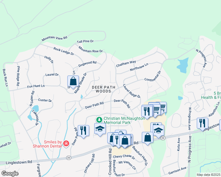 map of restaurants, bars, coffee shops, grocery stores, and more near 2094 Northwoods Park Drive in Harrisburg