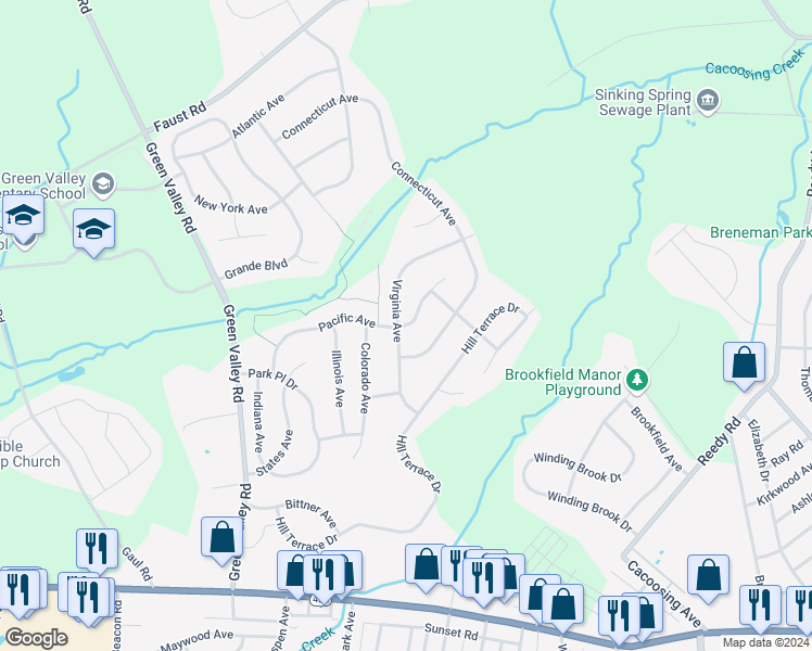 map of restaurants, bars, coffee shops, grocery stores, and more near 41 Pacific Avenue in Reading