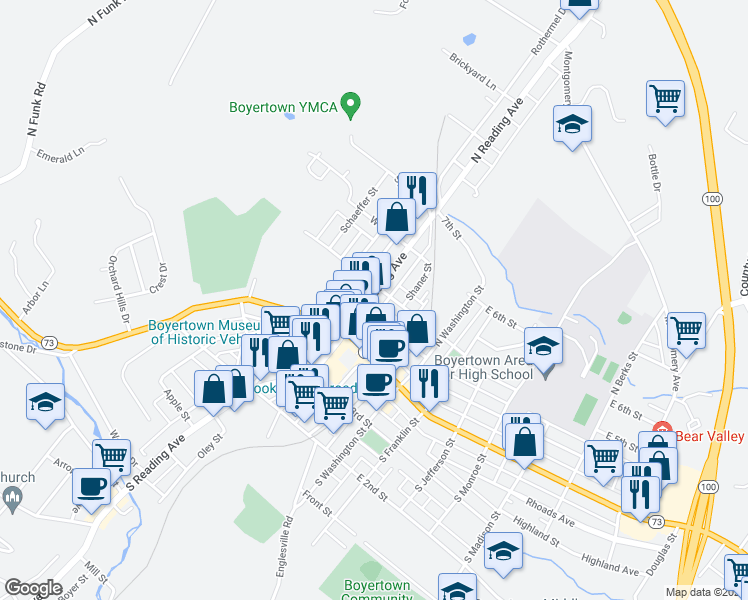 map of restaurants, bars, coffee shops, grocery stores, and more near 60 North Reading Avenue in Boyertown