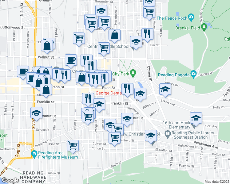 map of restaurants, bars, coffee shops, grocery stores, and more near 1040 Penn Street in Reading