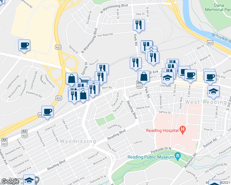 map of restaurants, bars, coffee shops, grocery stores, and more near 1024 Penn Avenue in Wyomissing
