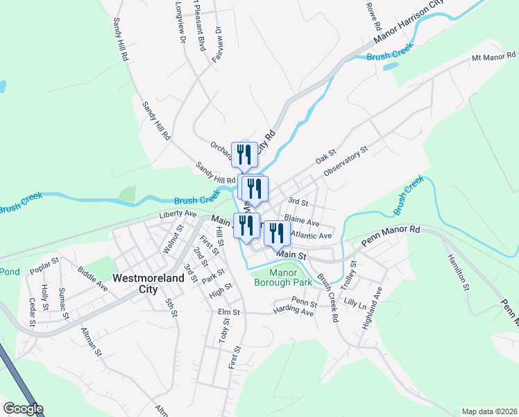 map of restaurants, bars, coffee shops, grocery stores, and more near 19 1/2 2nd Street in Manor