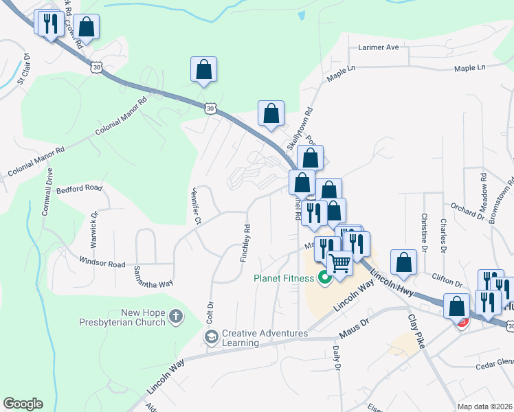 map of restaurants, bars, coffee shops, grocery stores, and more near 120 Wallace Lane in North Huntingdon