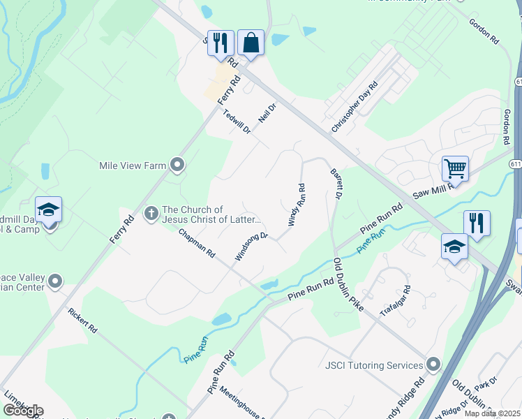 map of restaurants, bars, coffee shops, grocery stores, and more near 204 Southwind Drive in Doylestown
