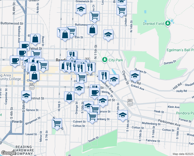 map of restaurants, bars, coffee shops, grocery stores, and more near 1108 Perkiomen Avenue in Reading