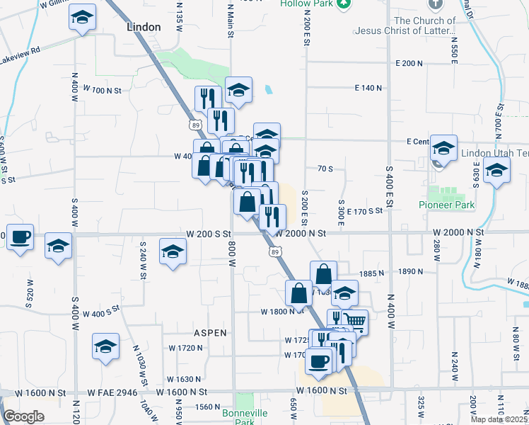 map of restaurants, bars, coffee shops, grocery stores, and more near 155 South State Street in Lindon