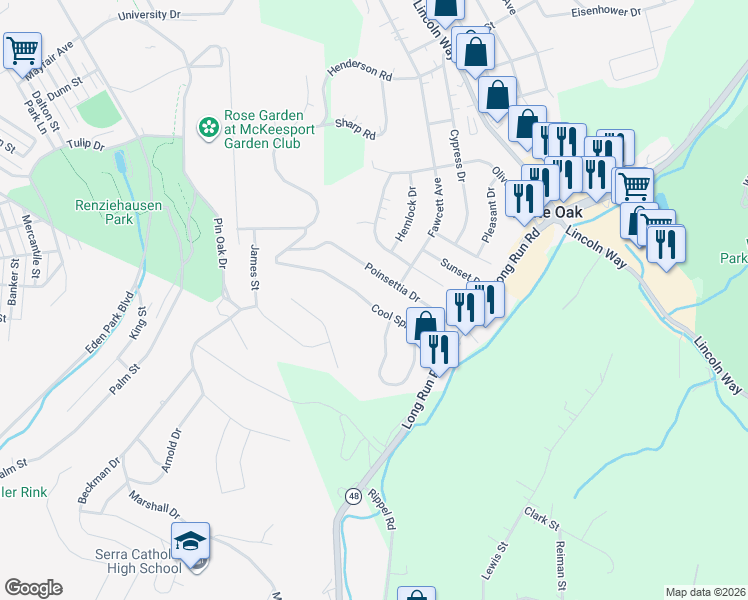 map of restaurants, bars, coffee shops, grocery stores, and more near 208 Cool Springs Road in White Oak