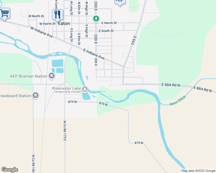 map of restaurants, bars, coffee shops, grocery stores, and more near Race Street in Eaton