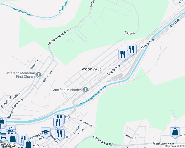 map of restaurants, bars, coffee shops, grocery stores, and more near 372 Plum Street in Johnstown