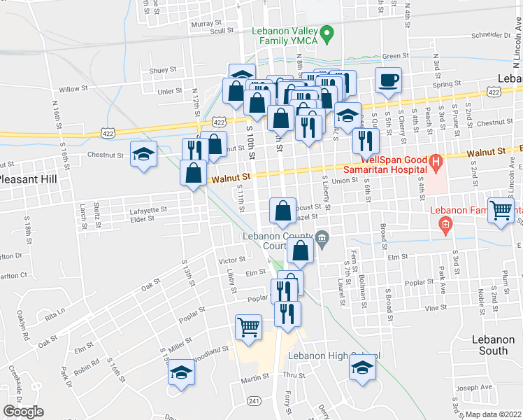 map of restaurants, bars, coffee shops, grocery stores, and more near 262 South 10th Street in Lebanon