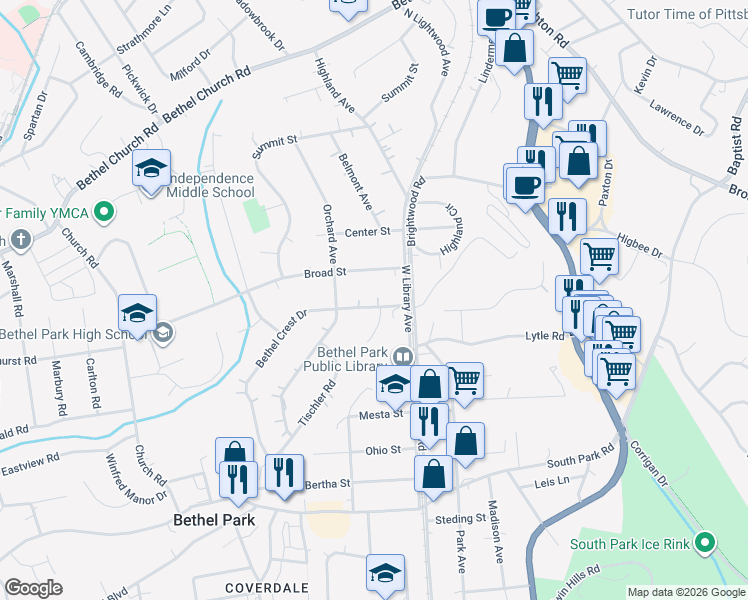 map of restaurants, bars, coffee shops, grocery stores, and more near 2616 Bethel Crest Drive in Bethel Park