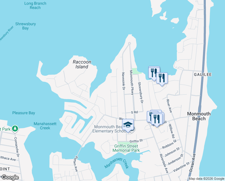 map of restaurants, bars, coffee shops, grocery stores, and more near 22 Bayonne Avenue in Monmouth Beach