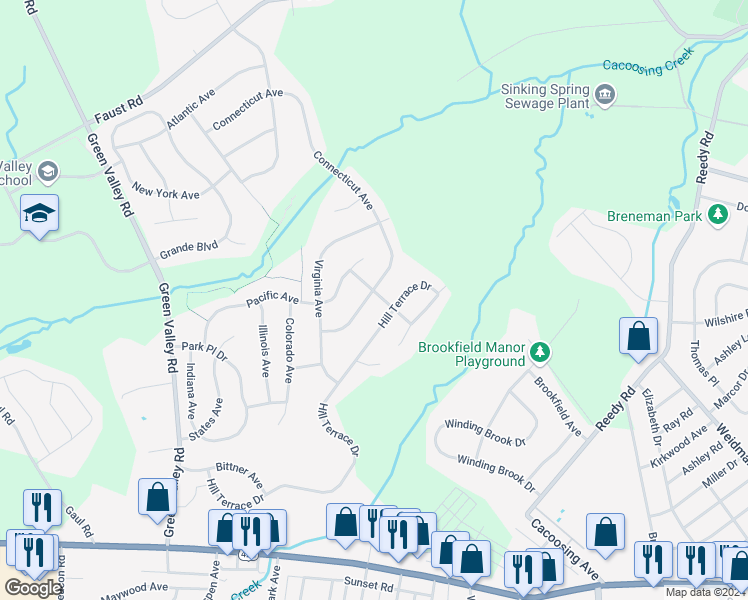 map of restaurants, bars, coffee shops, grocery stores, and more near 31 Connecticut Avenue in Sinking Spring
