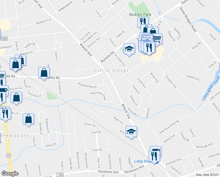 map of restaurants, bars, coffee shops, grocery stores, and more near 44 North Sunnycrest Drive in Little Silver