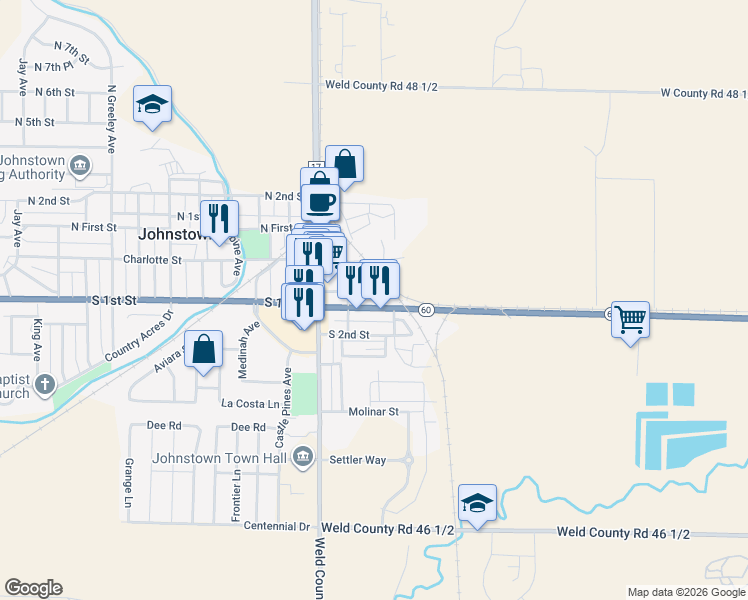 map of restaurants, bars, coffee shops, grocery stores, and more near 223 East South 1st Street in Johnstown