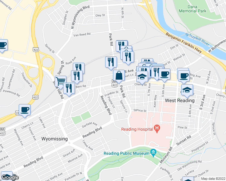 map of restaurants, bars, coffee shops, grocery stores, and more near 924 Penn Avenue in Wyomissing