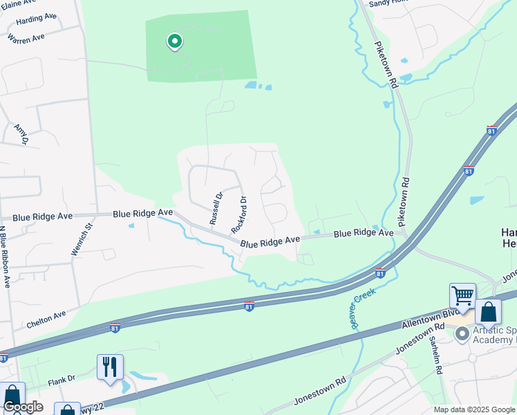 map of restaurants, bars, coffee shops, grocery stores, and more near 710 Rowe Lane in Harrisburg