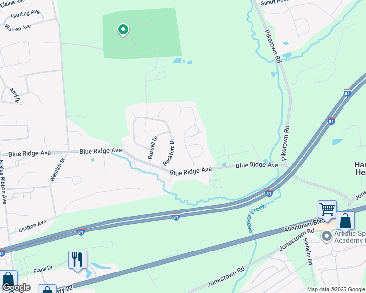 map of restaurants, bars, coffee shops, grocery stores, and more near 710 Rowe Lane in Harrisburg