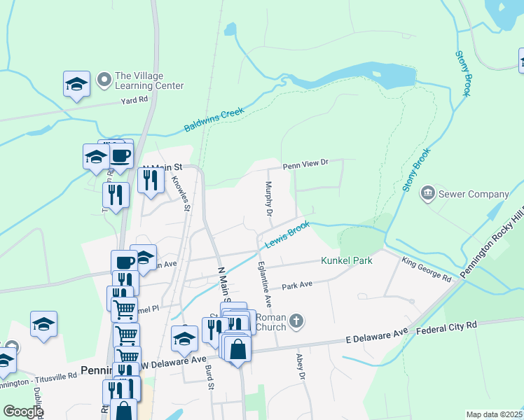 map of restaurants, bars, coffee shops, grocery stores, and more near 108 Murphy Drive in Pennington