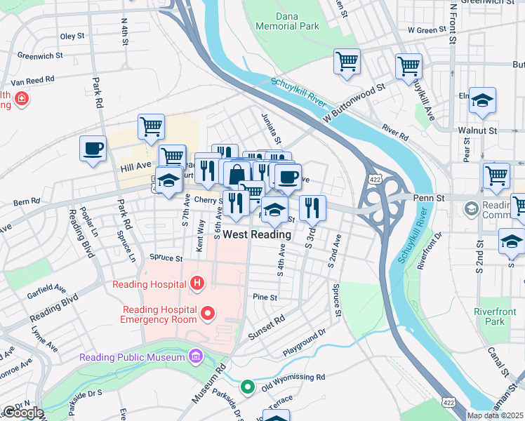 map of restaurants, bars, coffee shops, grocery stores, and more near 433 Franklin Street in Reading