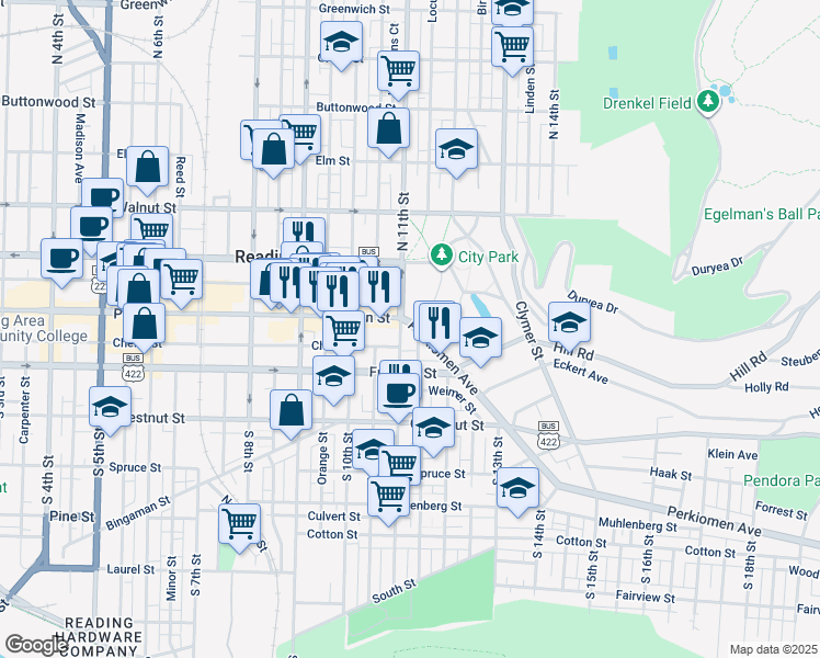 map of restaurants, bars, coffee shops, grocery stores, and more near 1108 Perkiomen Avenue in Reading