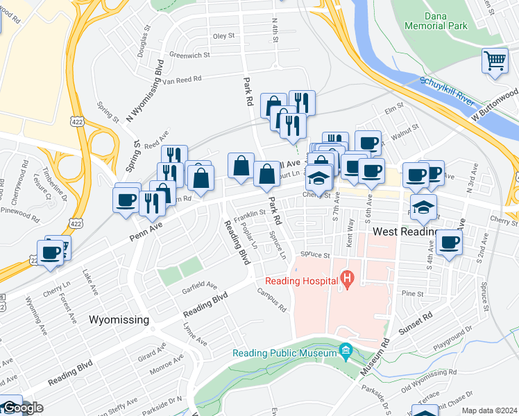 map of restaurants, bars, coffee shops, grocery stores, and more near 919 Franklin Street in Wyomissing