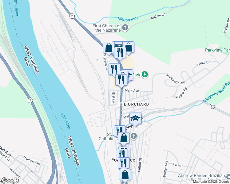 map of restaurants, bars, coffee shops, grocery stores, and more near 1400 Main Street in Follansbee