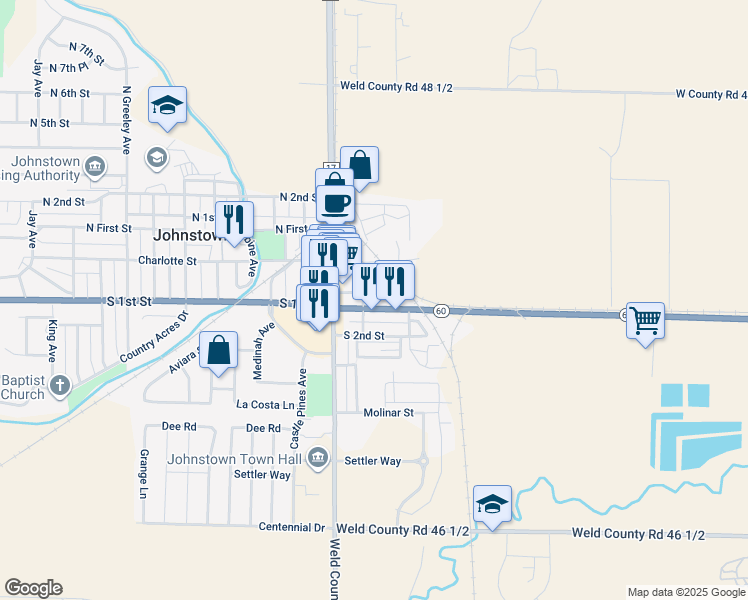 map of restaurants, bars, coffee shops, grocery stores, and more near 223 East South 1st Street in Johnstown