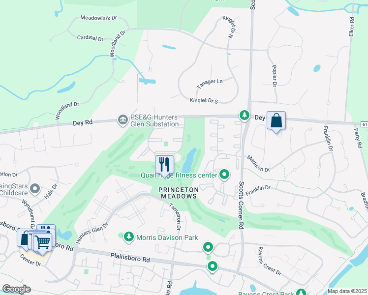 map of restaurants, bars, coffee shops, grocery stores, and more near 2007 Pheasant Hollow Drive in Princeton Meadows
