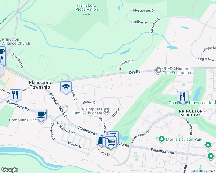 map of restaurants, bars, coffee shops, grocery stores, and more near 100 Rue Terrace in Princeton Meadows