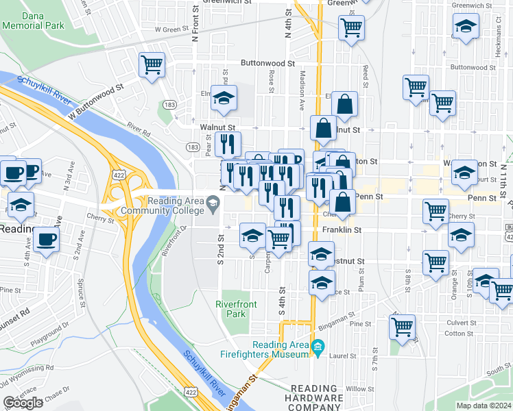map of restaurants, bars, coffee shops, grocery stores, and more near in Reading