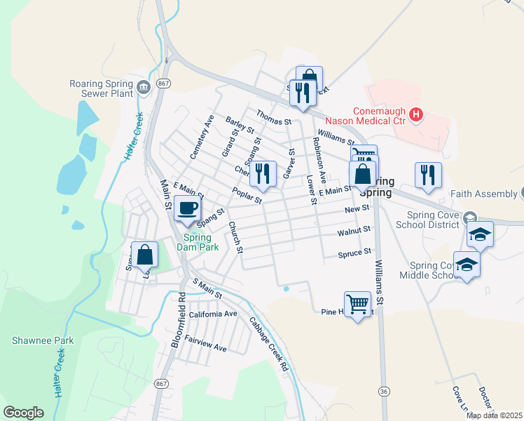 map of restaurants, bars, coffee shops, grocery stores, and more near 600-602 East Main Street in Roaring Spring