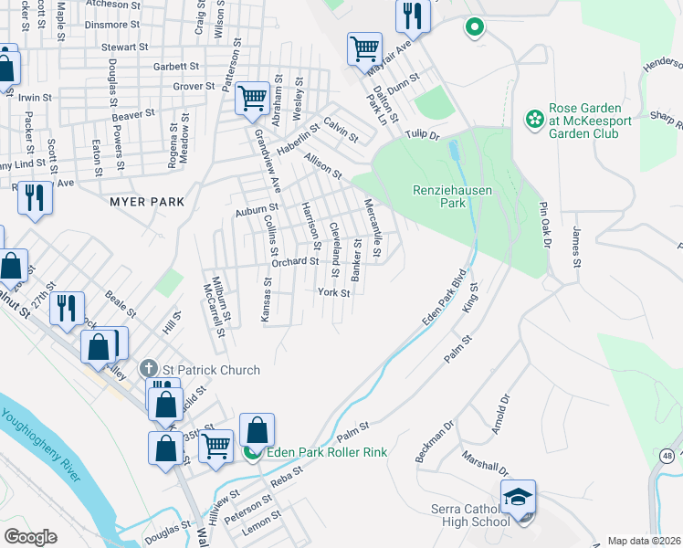 map of restaurants, bars, coffee shops, grocery stores, and more near 2603 Cleveland Street in McKeesport