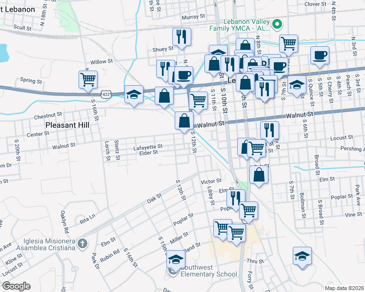 map of restaurants, bars, coffee shops, grocery stores, and more near 1220 Lafayette Street in Lebanon