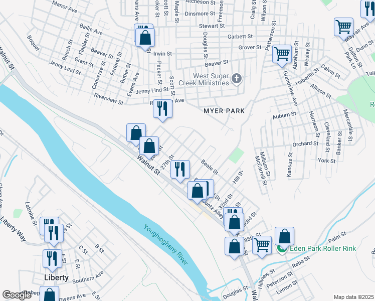 map of restaurants, bars, coffee shops, grocery stores, and more near 431 28th Street in McKeesport
