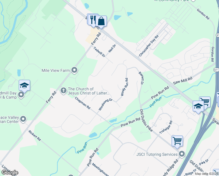 map of restaurants, bars, coffee shops, grocery stores, and more near 204 Southwind Drive in Doylestown