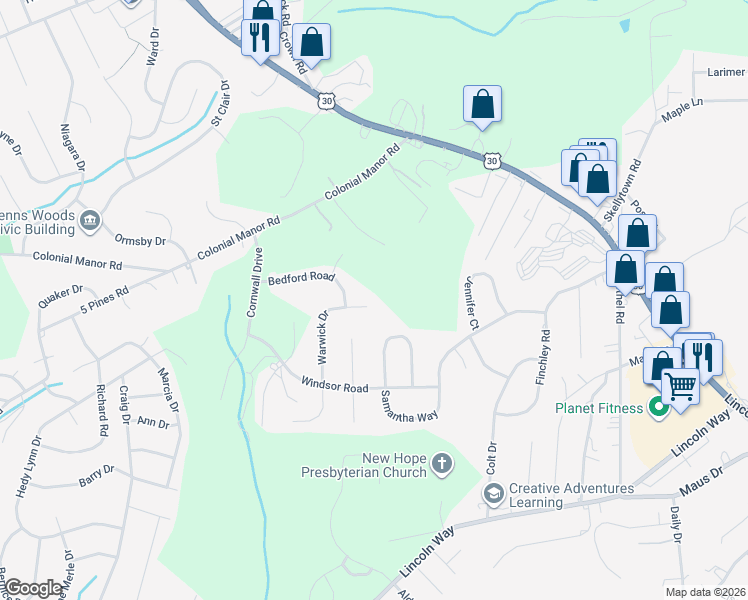 map of restaurants, bars, coffee shops, grocery stores, and more near 3267 Warwick Drive in North Huntingdon