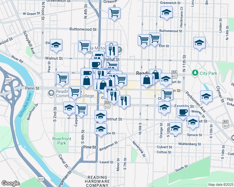 map of restaurants, bars, coffee shops, grocery stores, and more near 600 Penn Street in Reading