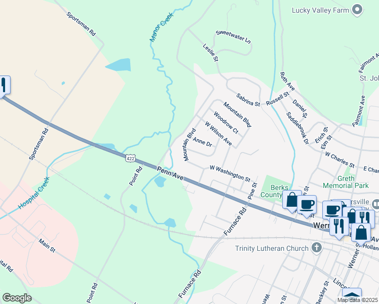 map of restaurants, bars, coffee shops, grocery stores, and more near 612 Christopher Drive in Wyomissing