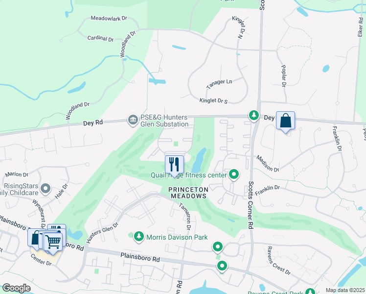 map of restaurants, bars, coffee shops, grocery stores, and more near 2007 Pheasant Hollow Drive in Princeton Meadows