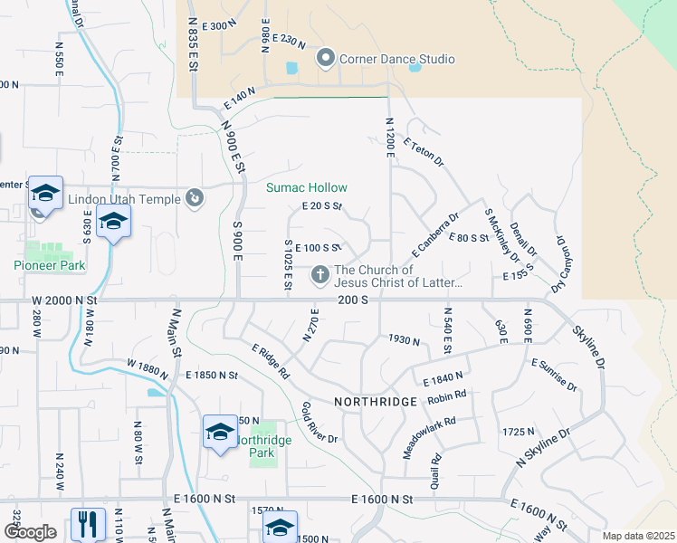 map of restaurants, bars, coffee shops, grocery stores, and more near 1140 East 135 South in Lindon