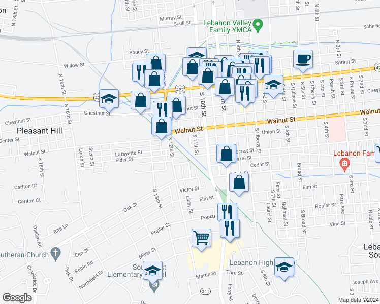 map of restaurants, bars, coffee shops, grocery stores, and more near 251 South 11th Street in Lebanon